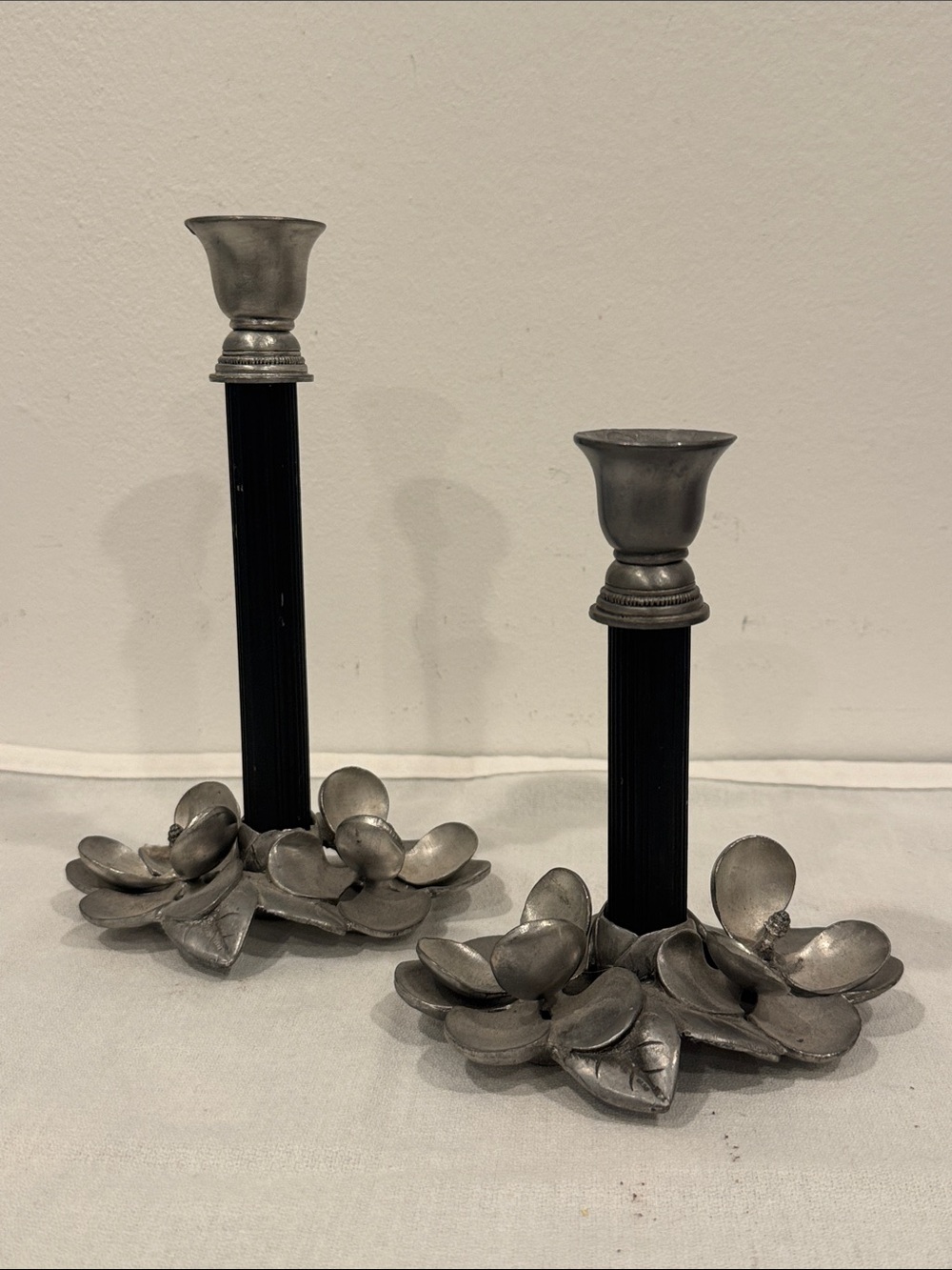 Vintage Metzke Pewter & Black Metal Taper Candle Holders Dogwood Flower Blossoms